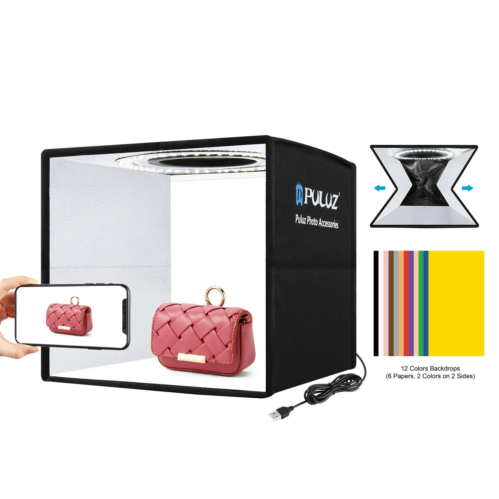 PULUZ Photography LED Lighting Box 25cm Folding Portable Photo Lighting Studio Shooting Tent Soft Box with 12 Colors Backdrops