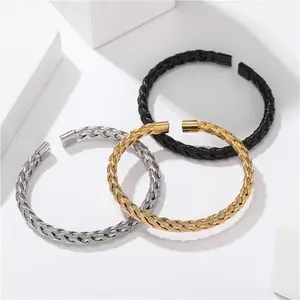 Bracelet tressé à bout ouvert en acier inoxydable pour homme et femme, bijou ajustable en fil de métal noir, argent et or, manchette ajustable