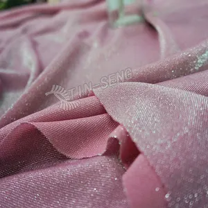 Sparkly Ánh Sáng Màu Hồng Slinky Polyester Đan Đàn Hồi Sáng Bóng Kim Loại Lurex Vải Từ Tin Seng Bán Buôn Vải