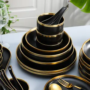 Modern Sustainable Ceramic Dishes Plates With Gold Rim Round Shape Wedding Home Party Dinnerware Sets Black Kitchen Utensils