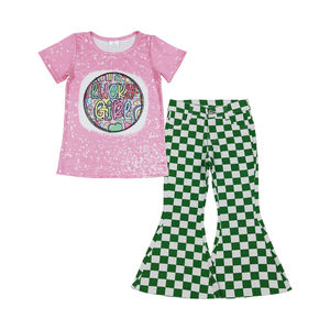 बेटी संत पैरिक के दिन शीर्ष हरे रंग की चेकर जींस बेल बॉटम के कपड़े थोक बच्चे बुटीक - Product Image 4