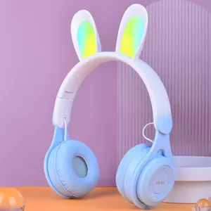 M6R Headset Bluetooth nirkabel, headphone telinga kelinci menyala, Headset musik nirkabel dengan mikrofon, Headset permainan siswa anak-anak