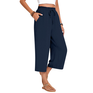 <span class=keywords><strong>Pantaloni</strong></span> da <span class=keywords><strong>Donna</strong></span> a Vita Alta e Gamba Larga, 70% Cotone 30% <span class=keywords><strong>Lino</strong></span>, Vestibilità Ampia, <span class=keywords><strong>Elastico</strong></span> <span class=keywords><strong>in</strong></span> Vita <span class=keywords><strong>con</strong></span> Cordoncino, Tinta Unita, Casual - Product Image 1