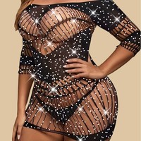 Cy135 Lingerie Seksi Terlaris Ukuran Besar untuk Perdagangan Luar Negeri, Bodysuit Terbuka di Bagian Selangkangan, Bahan Tipis Berlubang Warna Biru, Pakaian Erotis ODM