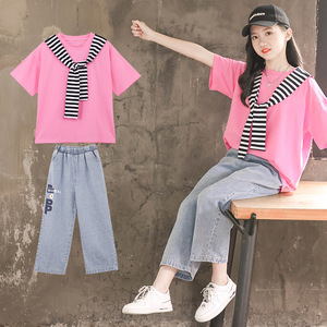 Girls Summer Woolen Solid Plus Size Two-Piece Set 2022 New Children's Trend Short-Sleeved <b>Jeans</b> Sports - Product Image 1