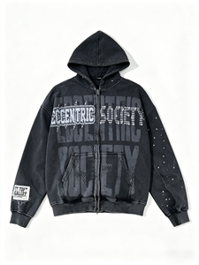 เสื้อฮู้ดซิปแบบมีฮู้ดสไตล์วินเทจ Y2K ตกแต่งด้วยคริสตัล งานพิมพ์กราฟิกลายกรด ทรงโอเวอร์ไซส์ สำหรับผู้ชาย สั่งผลิตได้ตามแบบ OEM - Product Image 2