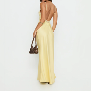 Fabricante <span class=keywords><strong>de</strong></span> Ropa, Diseño Personalizado, <span class=keywords><strong>Vestido</strong></span> <span class=keywords><strong>de</strong></span> <span class=keywords><strong>Noche</strong></span> Minimalista <span class=keywords><strong>de</strong></span> Satén <span class=keywords><strong>Amarillo</strong></span> Pálido para Mujer, Sexy, con Espalda Descubierta y Cordones, para Verano - Product Image 1