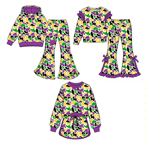 Girls Mardi Gras <b>Cow</b> Camo Outfit Hoodie Flare Pants Kids Carnival Tracksuit <b>Purple</b> Green Yellow - Product Image 1