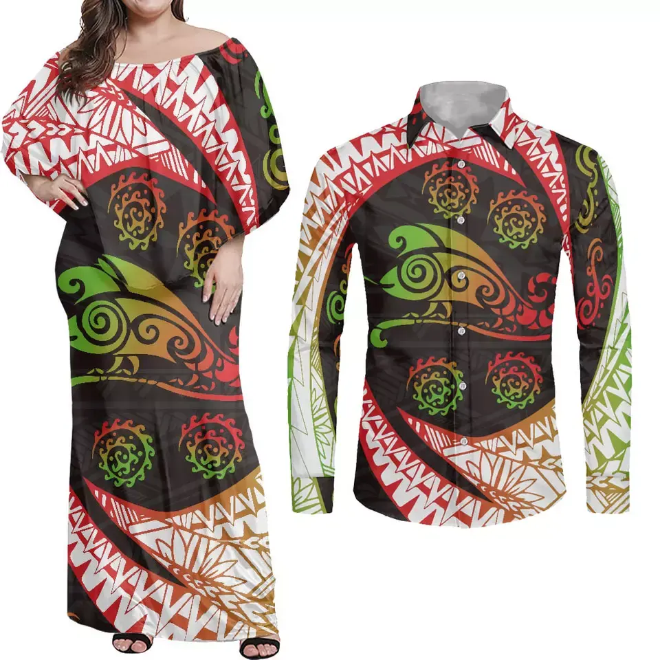 Polynesian Couple Set New Papua Guinea Tribal Polynesian Custom Your Design 2pcs Set Off Shoulder Dress Match Men Shirts China