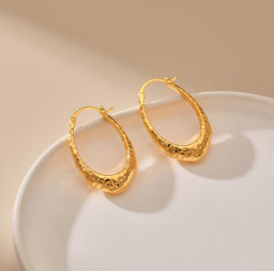 <b>Fashion</b> Jewelry Wholesale Trendy 18K Gold Plated Irregular Teardrop Hammered <b>Hoop</b> <b>Earrings</b> Chunky Metal <b>Earring</b> for Women - Product Image 3
