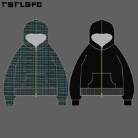 Veste Homme Personnalisée à Capuche Zippée Double Face en Flanelle Double Couche, Coupe Courte et Ample, Motif Carreaux, Réversible