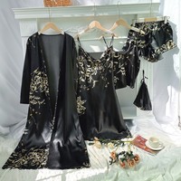 Simple cinq pièces maison porter ensemble imprimé cerise pyjamas femmes mince chemise de nuit licou Shorts licou jupe ensemble