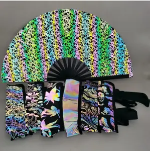 33cm Large Iridescent Holographic Fabric Folding Fan Bamboo Handle Reflective Fabric Large Hand Fans With Fan Holder