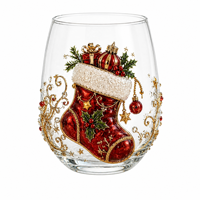 Verre à vin sans pied en verre de Noël avec motif de chaussette en film cristal 3D, pour boissons de Noël, eau et lait, vente en gros