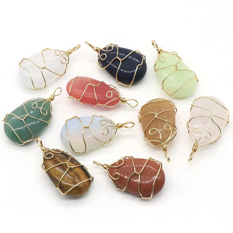 Stone Healing Crystal Rock Quartz Pendant Necklace Birthstone Gold Plated Full Wire Wrap Stone Necklace Jewelry