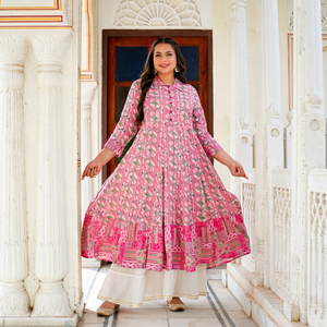 Plus Size Rayon Anarkali Kurti Pink Color Geometric Printed Turn Down Collar Three Quarter Sleeves Beautiful Women's Daily Wear - Product Image 1