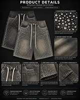 Shorts en jean pour hommes Lianfeng Denim Manufacturer Streetwear, style vintage personnalisé, lavage vintage, avec strass