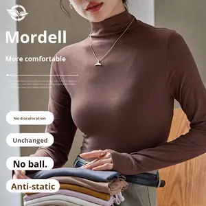 חולצת בסיס מודאלי חצי tleneck חולצת בסיס נשים גמישות גבוהה רזה רזה מתאים צבע אחיד שרוול ארוך העליון - Product Image 4