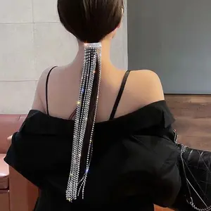 Último diseño de moda cristal Rhinestone Fring Hairband borla larga cadena tocado horquillas nupcial niñas para fiesta