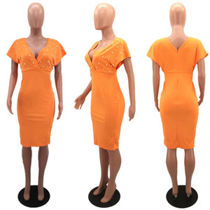 Robes élégantes MH8825 pour femmes, couleur unie, soutien-gorge, col en V, manches courtes, robe à clous et à perles pour femmes - Product Image 5