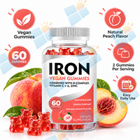 Gummies véganes OEM au fer avec complexe B, vitamine C et zinc, saveur pêche naturelle, 60 unités, fabricant de compléments sous marque privée