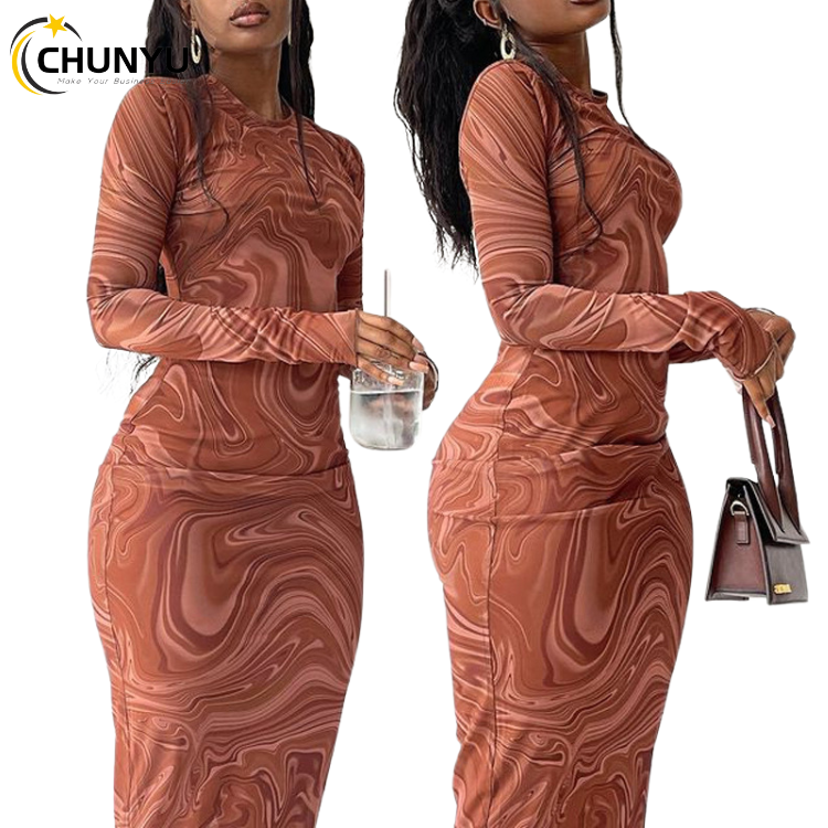 Fashion Designer Custom Fall Y2K Clothes Print Round Neck Long Sleeve Slim  Elastic Casual Maxi Dress| Alibaba.com
