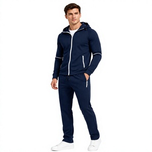 Conjunto Deportivo para Hombre Azul Marino con Capucha y Cordón, Chaqueta Deportiva con Cremallera Blanca, Pantalones Jogger, 100% Algodón, Ecológico y Transpirable - Product Image 3