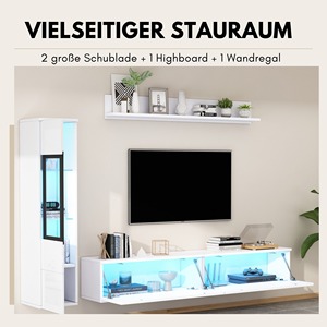Juego de Muebles de TV Flotantes Modernos de 3 Piezas, Color <span class=keywords><strong>Blanco</strong></span> Brillante de Lujo, con Gabinete con Pantalla LED y Estante de Pared para Sala de Estar, MOQ 100 - Product Image 2