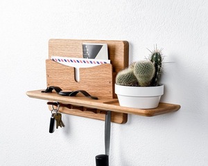 ชั้นวางของติดผนังไม้สองชั้นสไตล์โมเดิร์นมินิมอล สำหรับทางเข้าบ้าน สำนักงาน ห้องเก็บของ จัดเก็บเครื่องประดับ จดหมาย กุญแจ โทรศัพท์ และกระเป๋าสตางค์ - Product Image 2