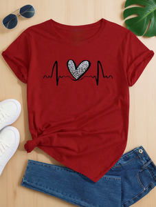 T-shirt basic da donna a girocollo a maniche corte con stampa Heartbeat in poliestere, primavera estate, casual, per tutti i giorni, non trasparente - Product Image 2