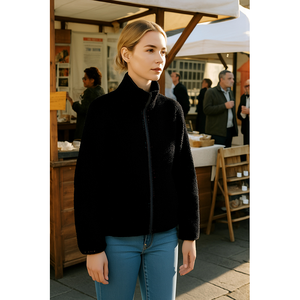 <span class=keywords><strong>Manteau</strong></span> décontracté pour femme en polaire texturée à col montant noir avec fermeture éclair, silhouette ample, poche latérale décorative, confortable et <span class=keywords><strong>chaud</strong></span> - Product Image 1
