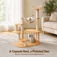 Arbre à chat multifonctionnel en bois massif à plusieurs niveaux avec capsule spatiale, poteau en sisal, condo pour chat, griffoir et perchoir
