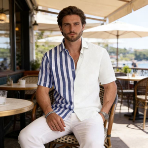 Camisa Hawaiana de Moda para Hombre, Camisa de Manga Corta con Botones, Camisa Casual de Verano a Rayas, Camisa con Estampado de Patchwork, Top de Playa - Product Image 4