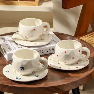 Classic Retro Ins Flower Pink Ceramic Tea <b>Cup</b> and Saucer <b>Set</b> Hand-Kneaded Asymmetrical Dessert Bowl and Mug for Coffee and Tea - Product Image 6