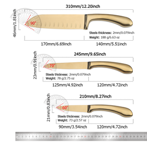 Ensemble de 5 couteaux de cuisine en titane doré, manche creux en acier inoxydable, couteau de chef, hachoir, Santoku, couteau utilitaire, couteau à éplucher, OEM/ODM DIY - Product Image 4