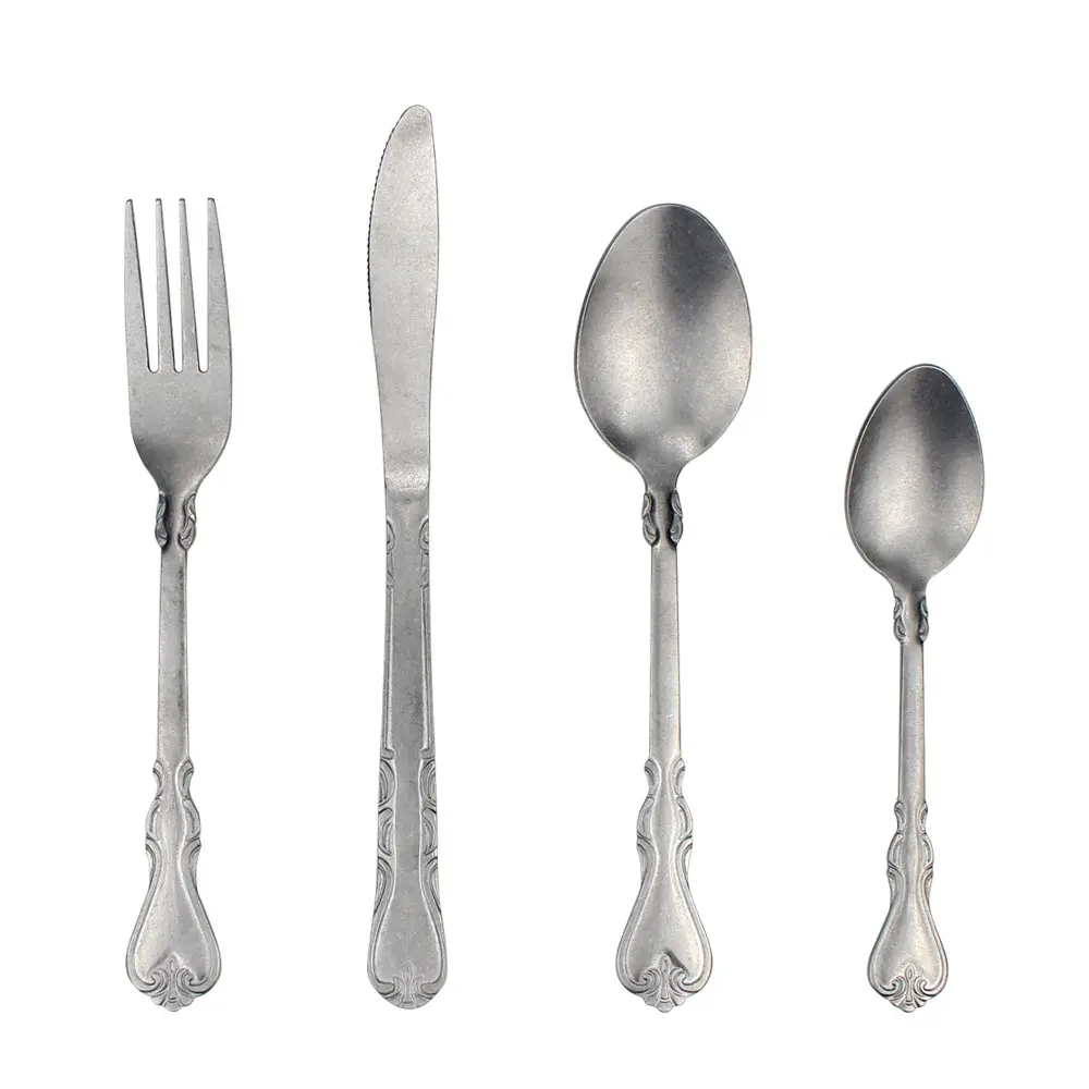 Bulk 4 pcs custom royal retro antique finished sanding silverware vintage spoon 4 piece stainless steel cutlery set