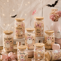 Gobelet en verre transparent fantôme mignon personnalisé avec logo, 16 oz, avec couvercle en bambou et paille en verre, idéal pour les cadeaux de fête d'Halloween (vente en gros)