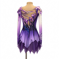 Robe de patinage et de danse dégradé violet-rose, manches longues en maille, ornée de strass floraux, pour enfants et adultes, compétition et performance
