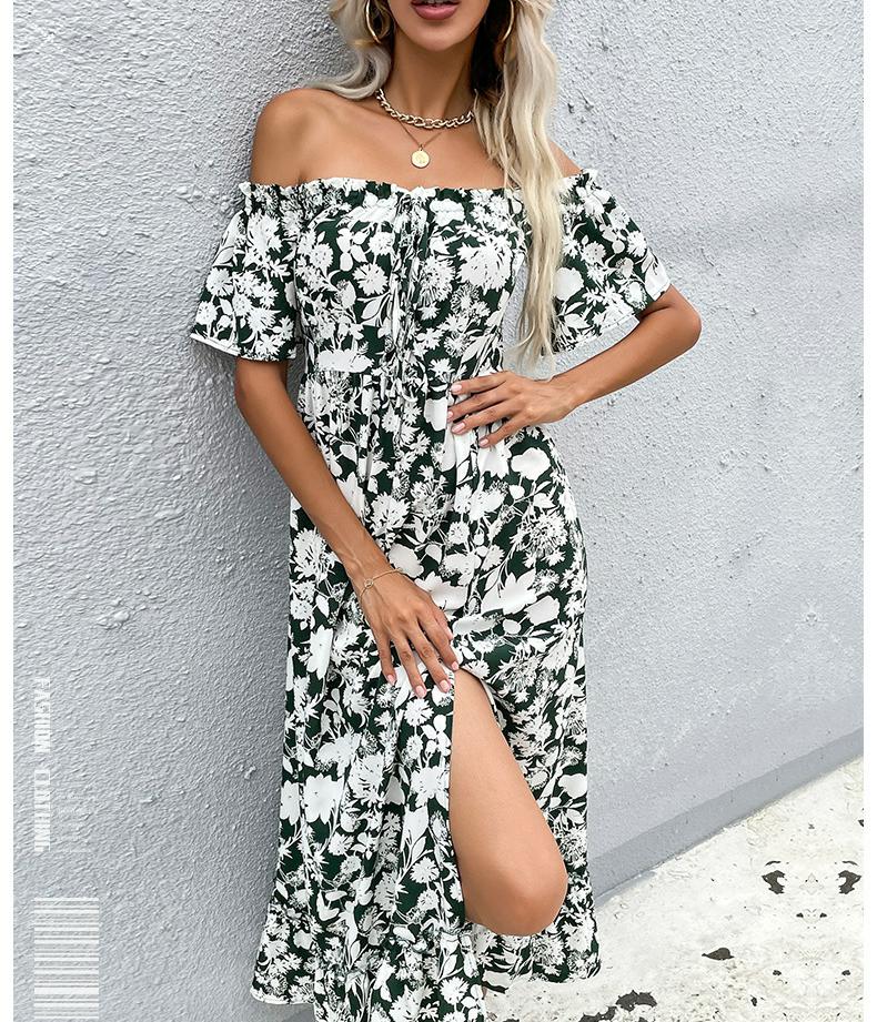 Женское Повседневное платье-туника средней длины, платье с коротким рукавом, цветочным принтом и оборками, платье с открытыми плечами и разрезом сбоку, лето 2022