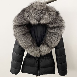 Áo khoác ngắn màu kaki dành cho nữ cỡ lớn lông tơ thật Fox <span class=keywords><strong>Fur</strong></span> Hood Trim mùa đông ấm áp Áo khoác phao có dây rút eo - Product Image 3