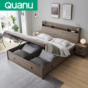 106306现代风格卧室家具板式木制框架床，带功能床头板