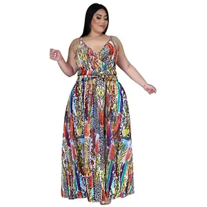 Bohemian Fashion Vacation Summer Halter Tropical Print And Floral Dresses Long V Neck Wholesale Factory Stock Custom Women Dress