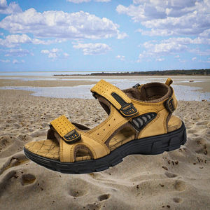 New Men's Summer Leather Outdoor <b>Sandals</b> Breathable Flat Rubber Insole with Rhinestone Nice Quality Anti-Slippery Feature - Product Image 2