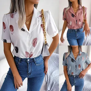 3 colors trendy fashionable feather print short sleeve summer casual button front shirt blouse