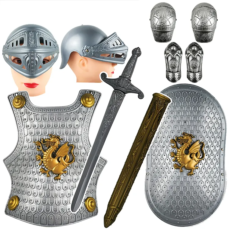 Um guerreiro romano de plástico cosplay medieval, cavaleiro romano brinquedos conjunto espada, escudo e capacete vestível