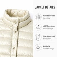 Blouson matelassé léger pour femme en nylon brillant blanc nacré, col montant, fermeture à boutons-pression, poignets tricotés avec passe-pouces, ourlet, manches longues, élégant