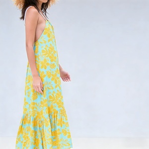 Robe longue fluide personnalisée pour <span class=keywords><strong>femme</strong></span>, imprimé floral tropical, bretelles spaghetti, col halter, ourlet à volants, idéale pour les vacances d'été à <span class=keywords><strong>la</strong></span> <span class=keywords><strong>plage</strong></span> - Product Image 2