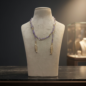 Sstringz Lavender Purple Crystal Beaded Lariat <b>Necklace</b> with Gold Fish Charms, Handmade Boho Fashion <b>Statement</b> Jewelry for Women - Product Image 1