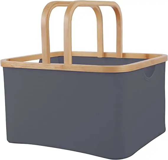 Keranjang penyimpanan besar dengan gagang bambu lipat kotak kain Oxford untuk piknik belanja mobil penyimpanan persegi panjang