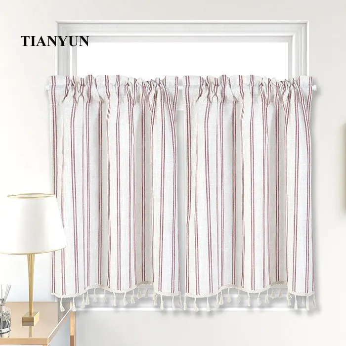 Japanese and Korean Style Short Pattern Red Stripe Black Out Macrame Luxury Linen Curtain For Kitchen